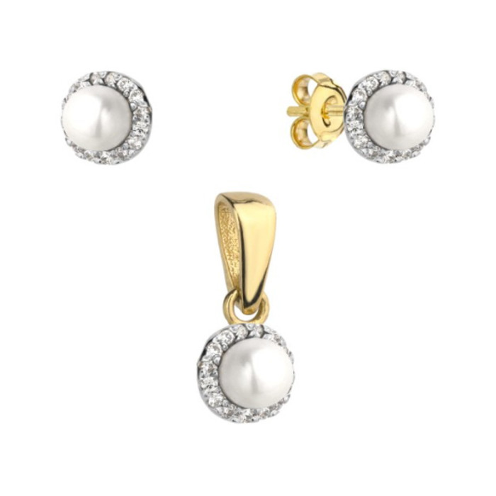 Złoty komplet biżuterii 585 perełka z cyrkoniami 2,3g