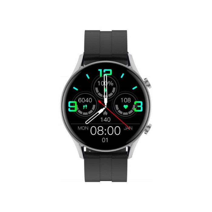 Zegarek Smartwatch czarny silikonowy pasek srebrna koperta