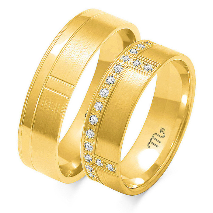 Nowoczesna obrączka z diamentami ślubna grawerowana złota 333