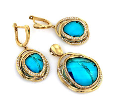 Złoty komplet biżuterii 585 błękitne kamienie prezent