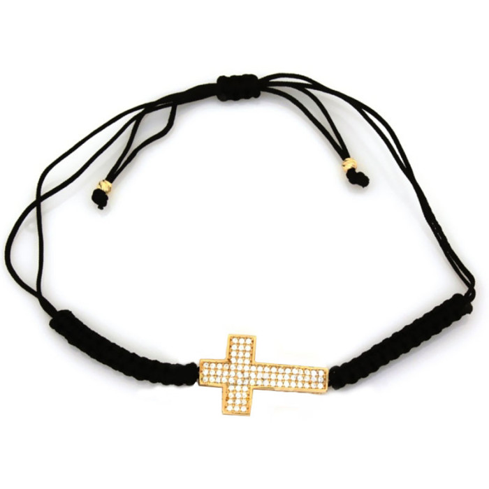 Złota bransoletka 585 krzyż na czarnym sznurku