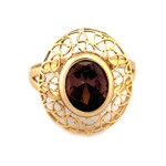 Złoty pierścionek bogato zdobiony 585 z dużą bursztynową cyrkonią ażur