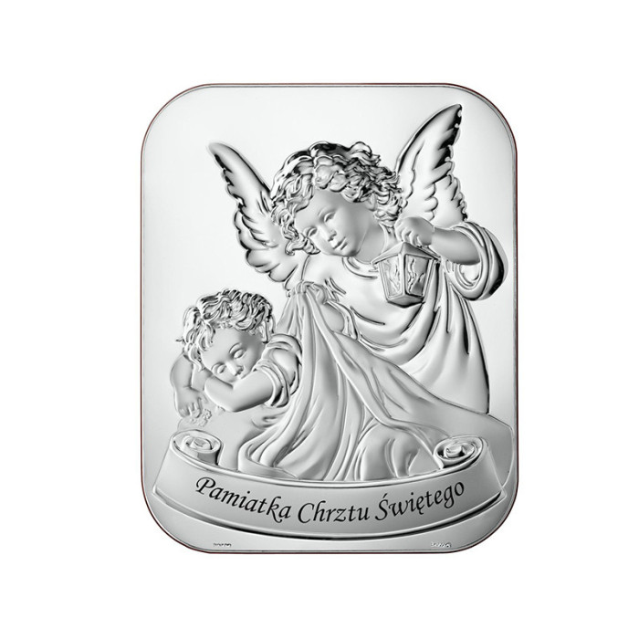 Srebrny obraz anioł stróż pamiątka chrztu 11x14cm