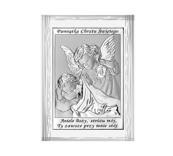 Srebrny obrazek z Aniołem stróżem 9x12cm chrzest