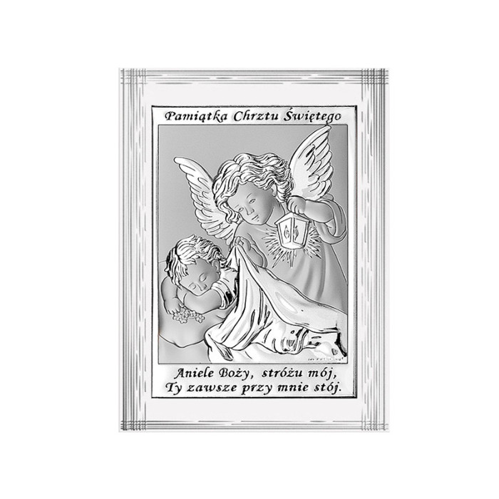 Srebrny obrazek z Aniołem stróżem 9x12cm chrzest