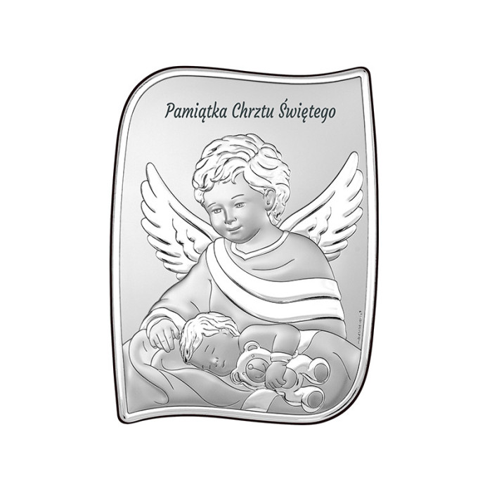 Obraz ze srebra na chrzest z aniołem 9.6x13cm grawer