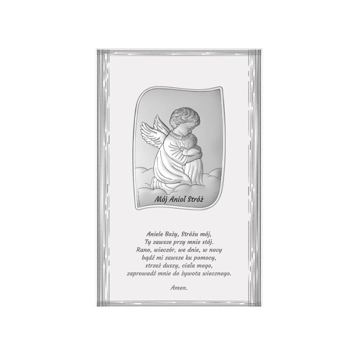 Srebrny obrazek anioł z modlitwą 13,5x21cm chrzest