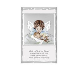 Srebrny kolorowy obraz anioł z modlitwą 9x14cm chrzest