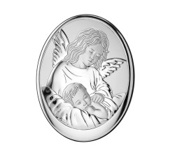 Srebrny owalny obrazek anioł stróż 7x9cm chrzest