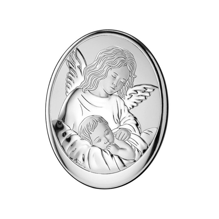 Srebrny owalny obrazek anioł stróż 9x13cm chrzest