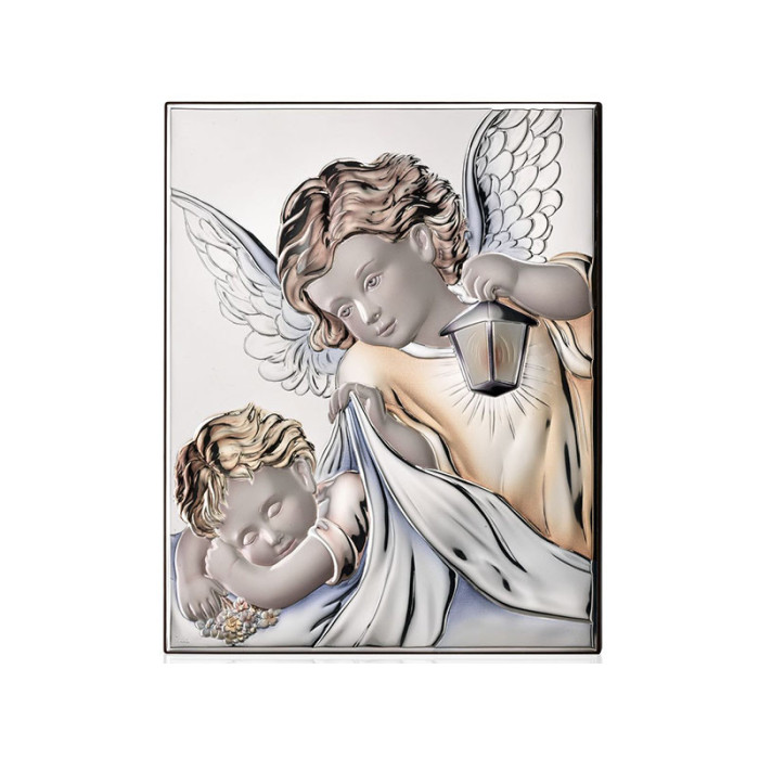 Obrazek srebrny z barwionym aniołem 6x7cm chrzest