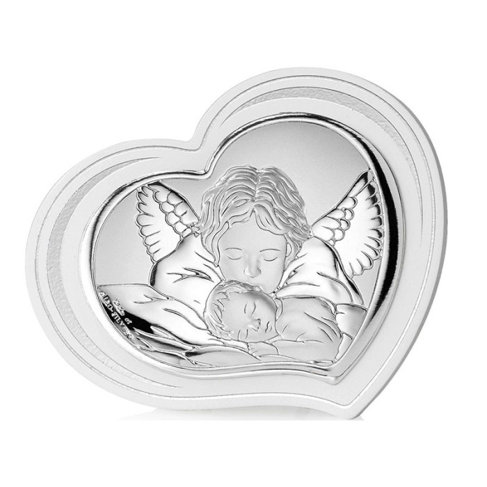 Srebrny obraz anioł w sercu z ramką 8x11cm chrzest