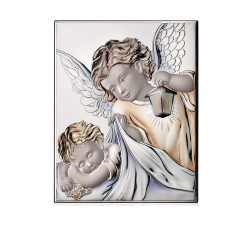 Srebrny  obraz barwiony aniołek 16x21cm chrzest