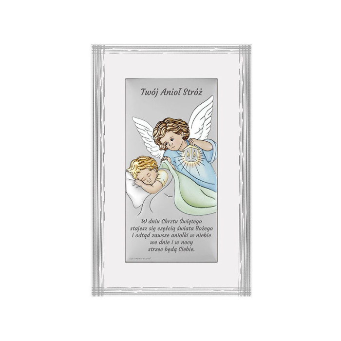 Srebrny obraz barwiony anioł stróż  9x15,5cm chrzest
