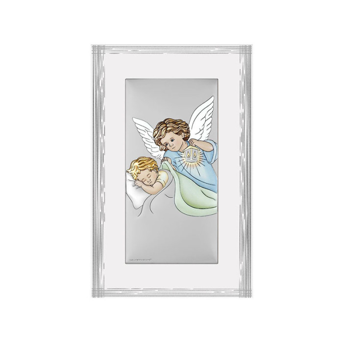 Srebrny obraz barwiony anioł  9x15,5cm chrzest grawer