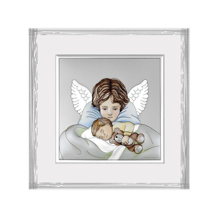 Srebrny obraz na chrzest 24x24cm anioł stróż