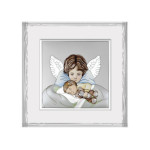 Srebrny obraz na chrzest 24x24cm anioł stróż