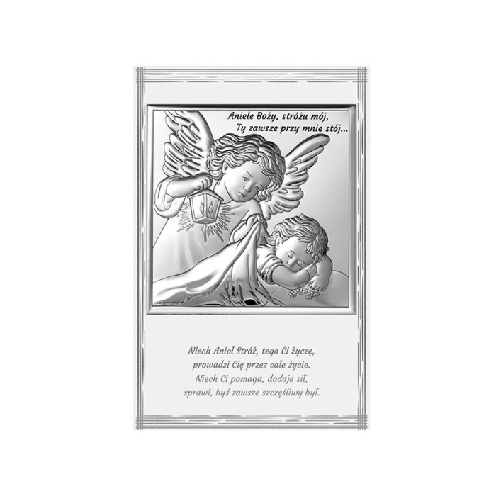 Srebrny obraz na chrzest 9,14cm anioł stróż