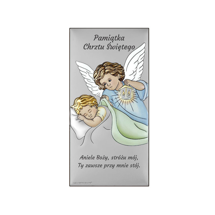 Srebrny obraz anioł stróż modlitwa 6x12cm chrzest