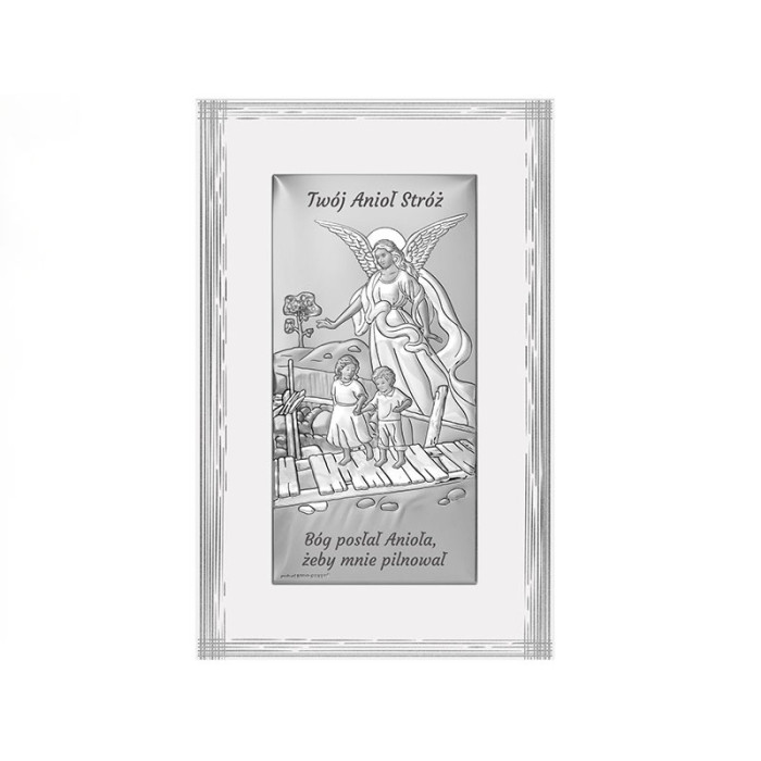 Srebrny obraz z aniołem stróżem 9x15,5cm chrzest