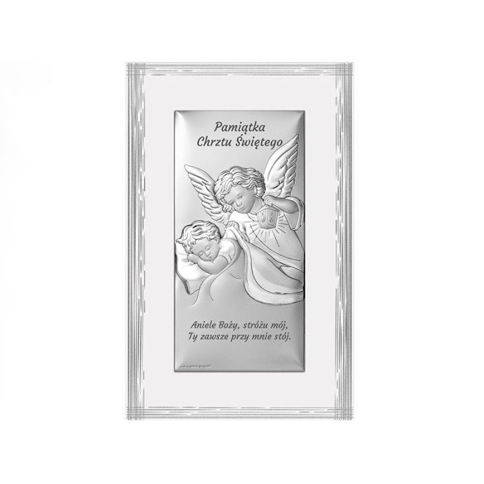 Srebrny obrazek na chrzest 9x15,5cm anioł