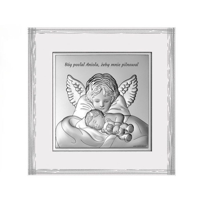 Srebrny obraz z aniołem 18x18cm na chrzest