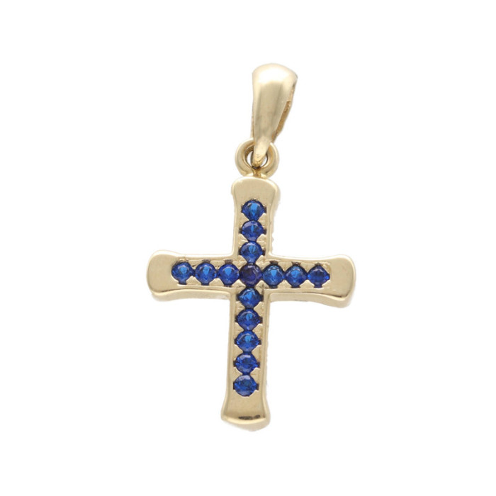 Złota zawieszka 585 krzyż z niebieskimi cyrkoniami chrzest