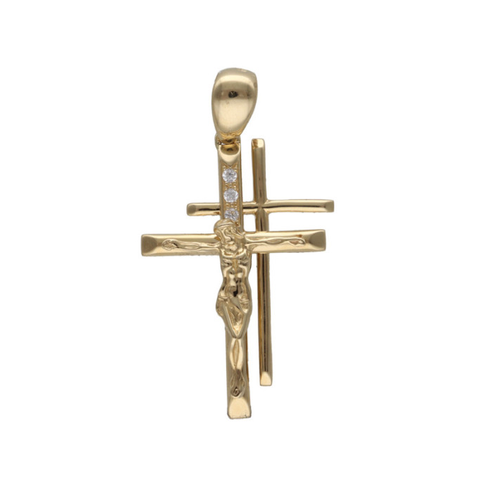 Złota zawieszka 585 krzyż dwa z cyrkoniami chrzest