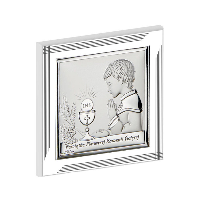 Srebrny obraz z chłopcem 17x17cm chrzest komunie