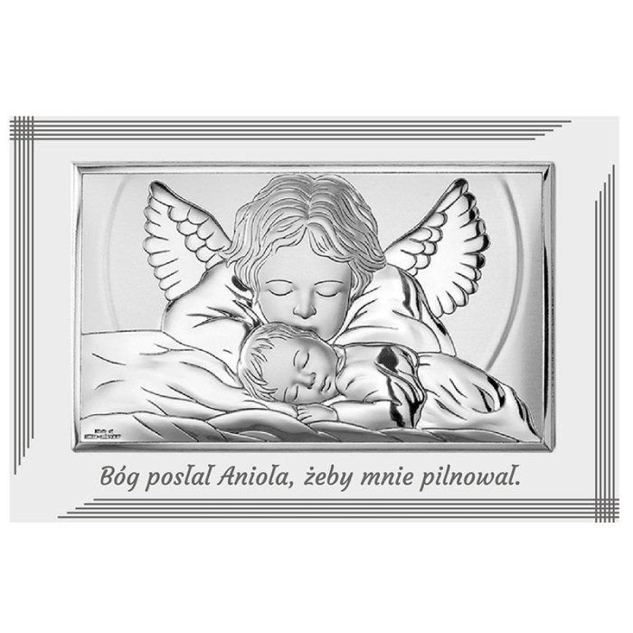 Srebrny obraz z aniołem 11,5x17,5cm na chrzest