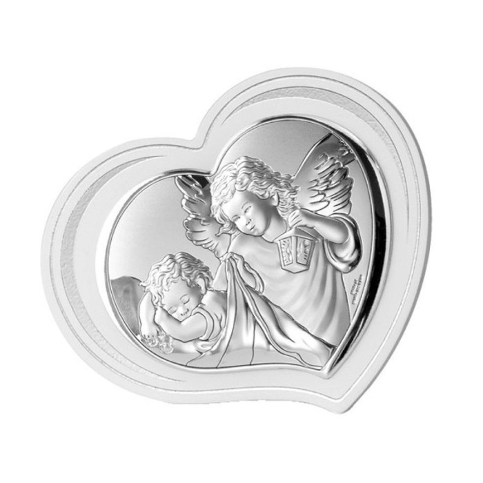 Srebrny obrazek serce anioł 12x14cm chrzest