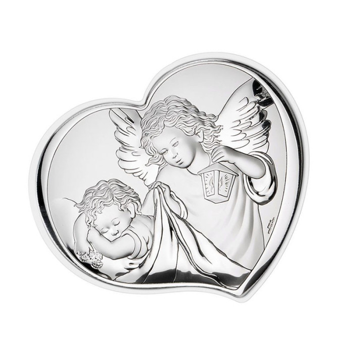 Srebrny obraz serce z aniołem 14,5x12,5cm na chrzest