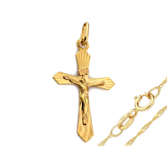 Złoty komplet biżuterii 333 krzyż promienie chrzest