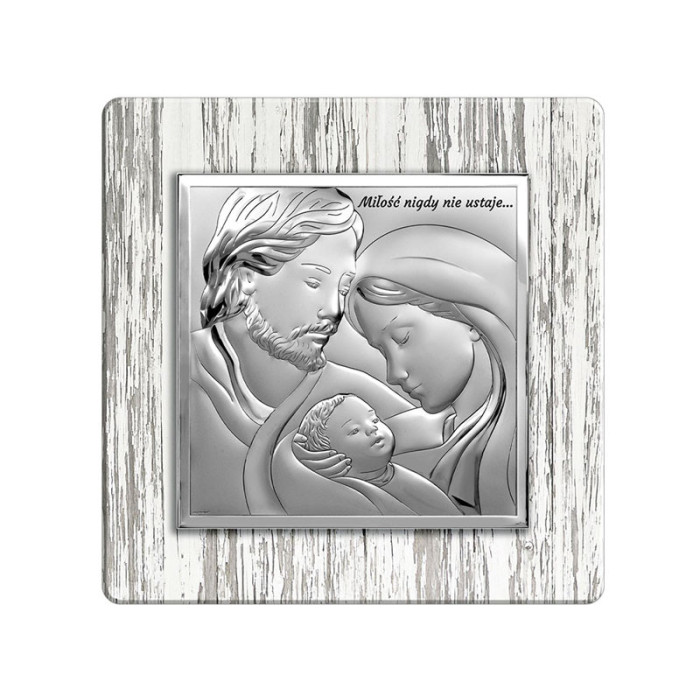 Srebrny obrazek 18x18cm Św. Rodzina chrzest drewno