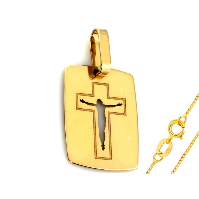 Złoty komplet biżuterii 585 blaszka krzyż z jezusem chrzest