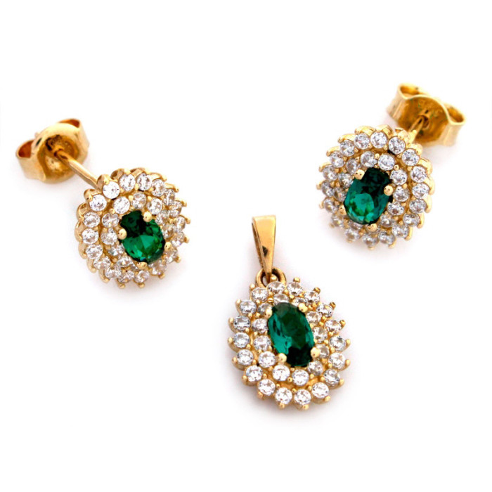 Złoty komplet biżuterii 585 elegancki zielone cyrkonie 3,10g