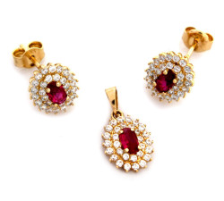 Złoty komplet biżuterii 585 elegancki czerwone cyrkonie 3,12g