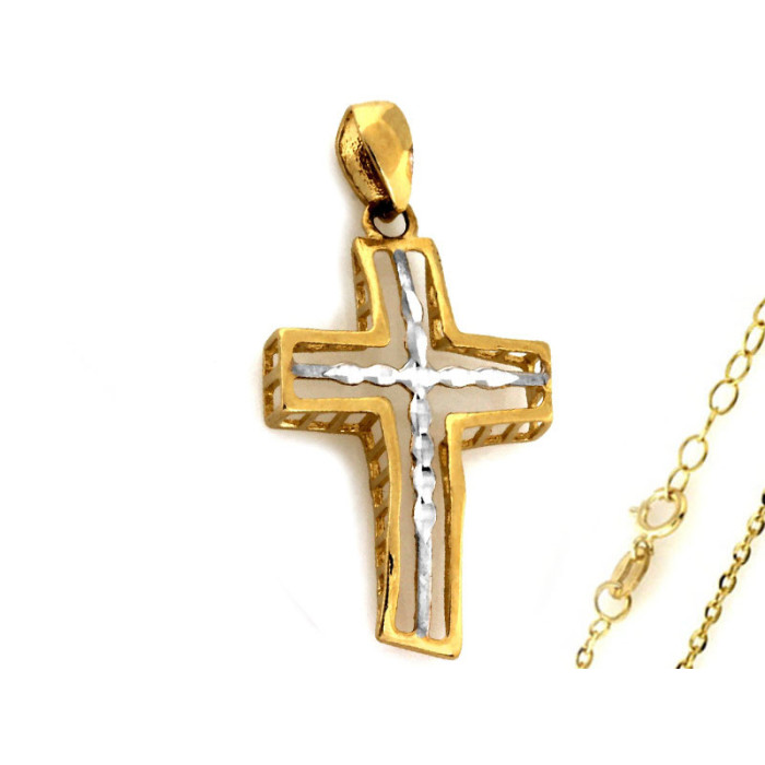 Złoty komplet biżuterii 585 ażurowy krzyż białe złoto chrzest