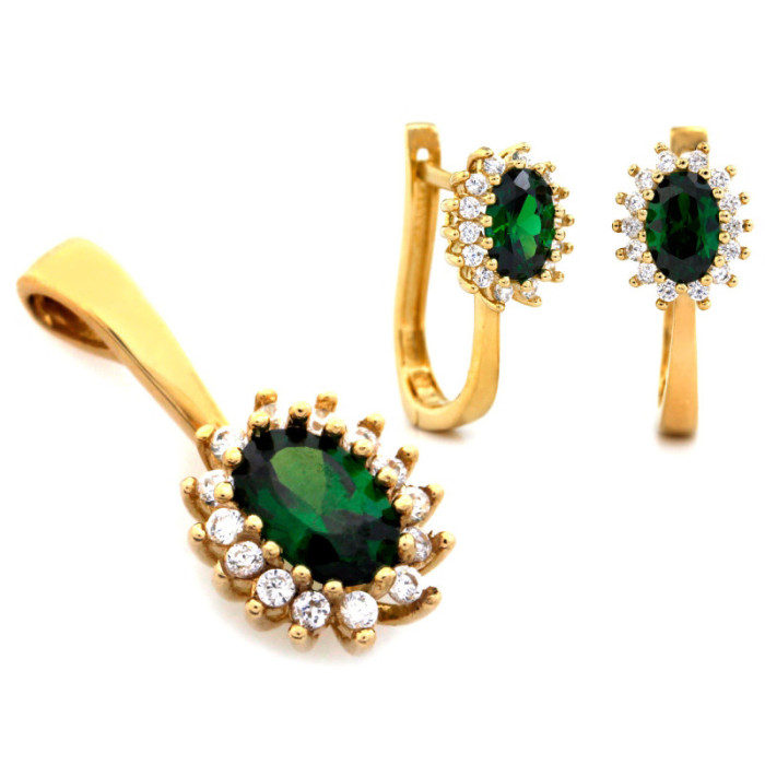 Złoty komplet biżuterii 585 delikatny zielone cyrkonie 3,86g