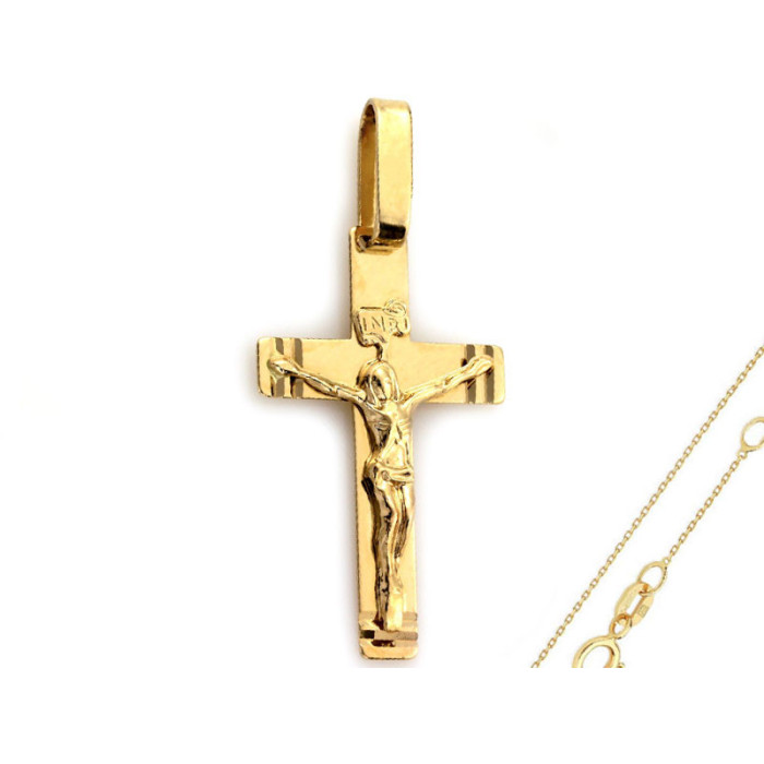 Złoty komplet biżuterii 585 krzyż z Jezusem chrzest