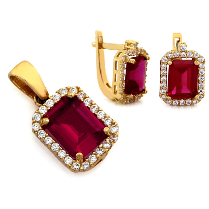 Złoty komplet biżuterii 585 prostokątne rubiny 4,8 g