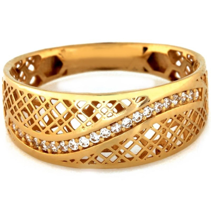 Złoty pierścionek 585 szeroki ażurowy z cyrkoniami