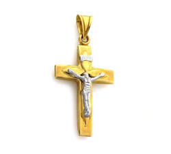 Złoty krzyżyk 585 ozdobny krzyż dwukolorowy Chrzest
