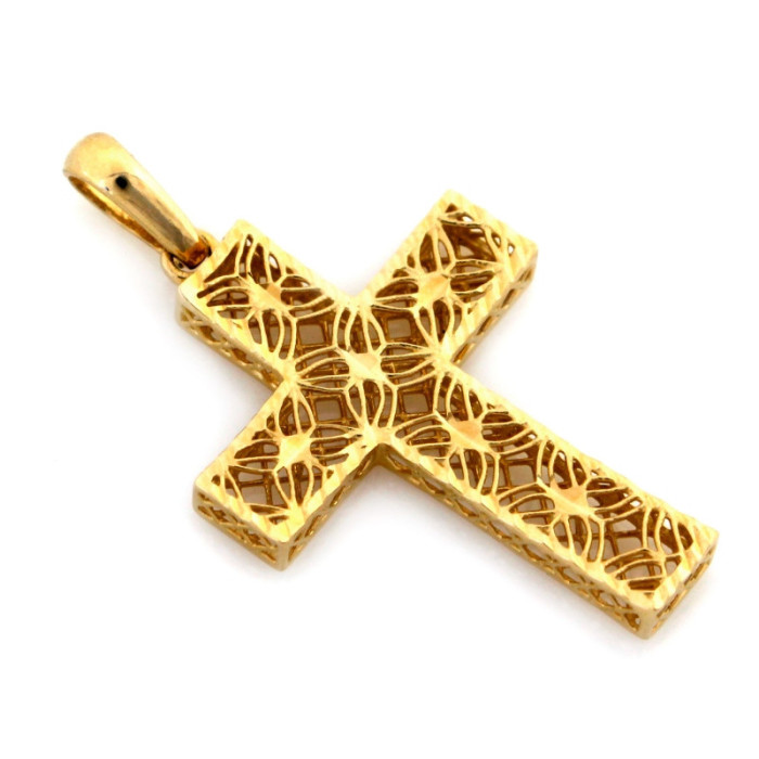 Złota zawieszka 585 krzyż trójwymiarowy ażurowy na Komunię Św.