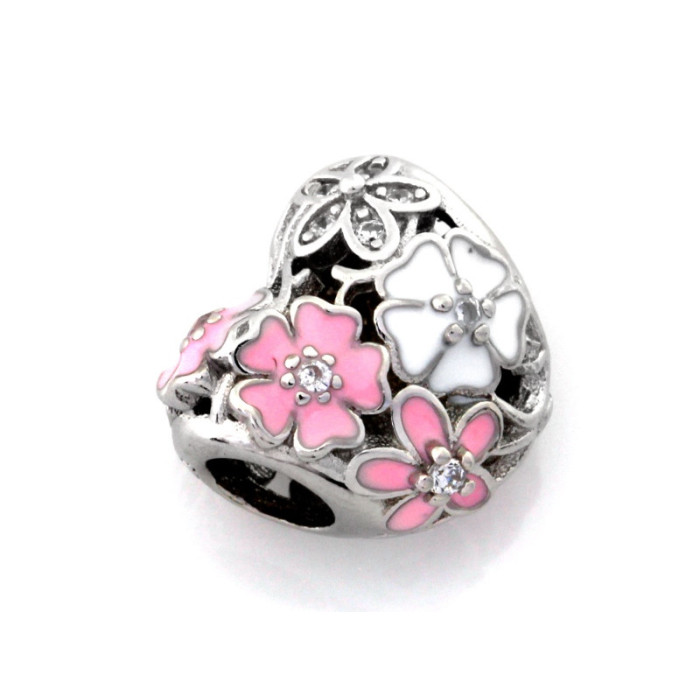 Srebrna zawieszka 925 beads serce różowe kwiaty 2.76g