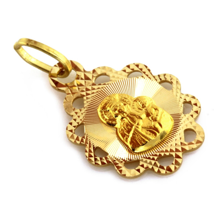 Złoty medalik 585 ażurowa diamentowana koronka wokół Matki Boskiej