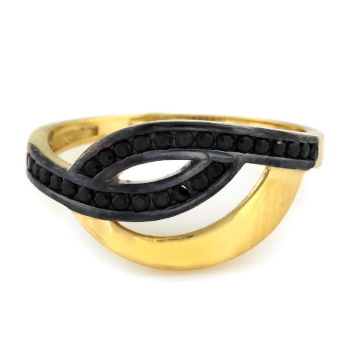 Złoty pierścionek z czarnymi cyrkoniami 585 nowoczesny wzór pleciony ażurowy na prezent