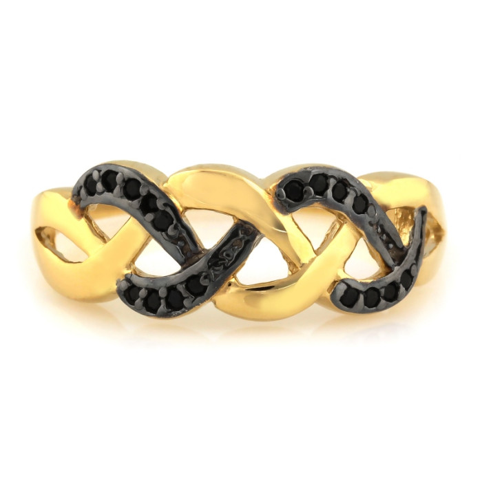 Złoty pierścionek 585 przeplatany z czarnymi cyrkoniami rodowany na prezent