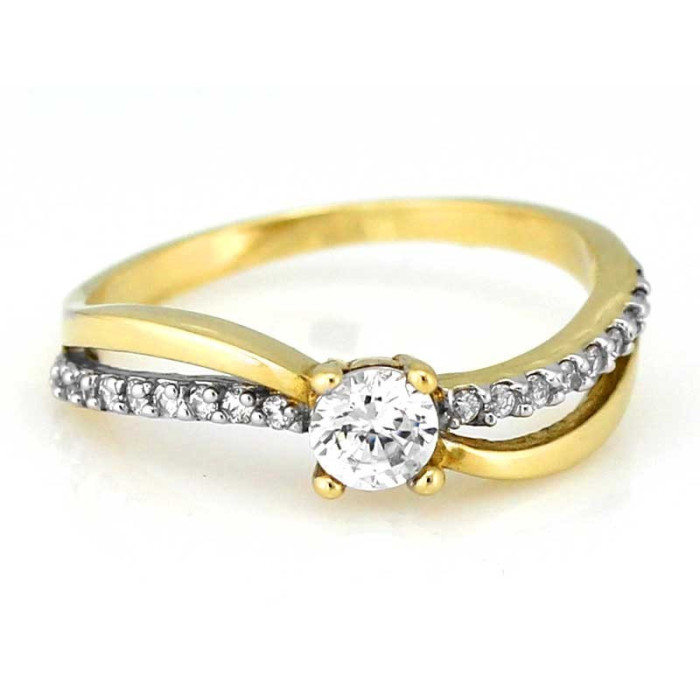 Złoty pierścionek ażurowy 375 z białym złotem i cyrkoniami na prezent