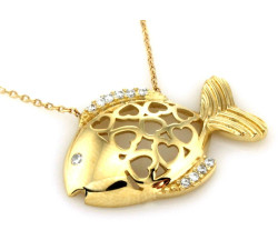 Złoty naszyjnik rybka ryba z sercami z cyrkoniami
